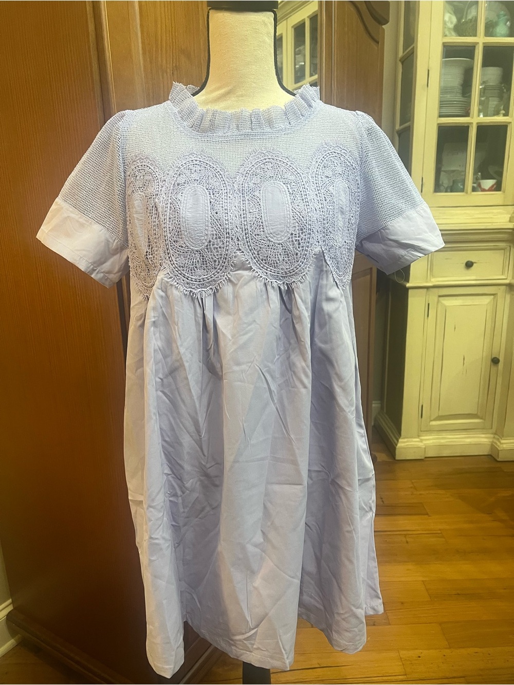 Lilac Crochet Yoke Mini babydoll Dress - Short Sleeve A-Line - Picture 2 of 13